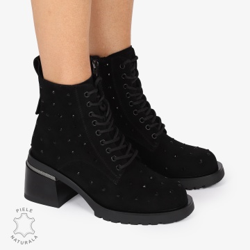 Botine Piele Naturala Intoarsa cu Stras si toc Gros CRL1245 NEGRU