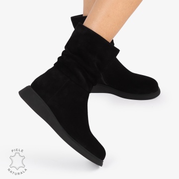 Cizme dama piele naturala intoarsa scurte cu talpa plata si Detaliu Lateral CRL1256 NEGRU - Img 3