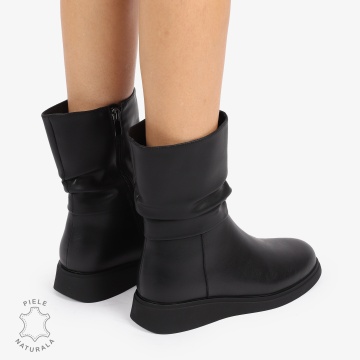 Cizme dama piele naturala scurte cu talpa plata si Detaliu Lateral CRL1256 NEGRU - Img 4