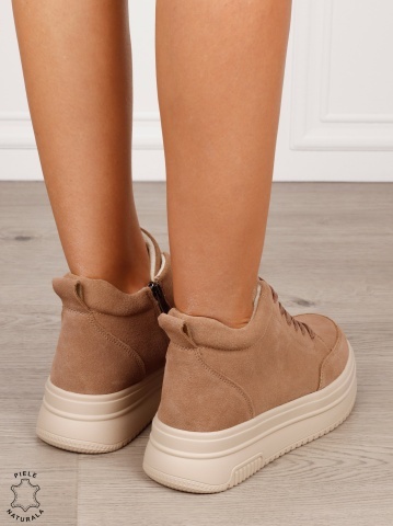 Ghete casual din piele naturală cu talpa solida CRL1510 KHAKI INTOARSA - Img 3