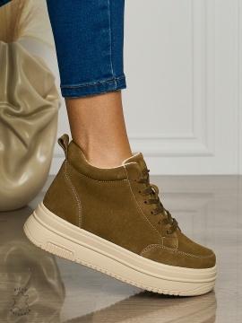 Ghete casual din piele naturală cu talpa solida CRL1510 KHAKI - Img 2