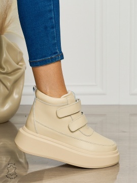 Ghete casual din piele naturală talpa solida cu Velcro si fermoar CRL1512 BEJ - Img 2