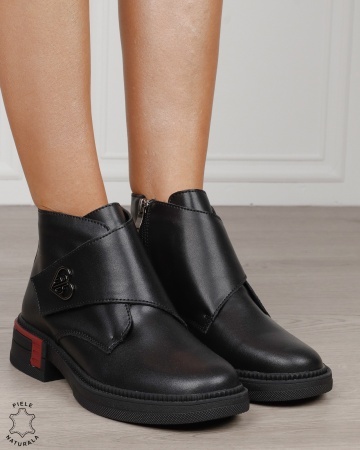 Ghete damă casual din piele cu baretă și cataramă laterală CRL1888 NEGRU - Img 2