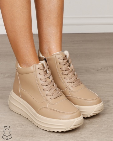 Ghete damă din piele naturală cu șiret și fermoar lateral CRL1891 KHAKI