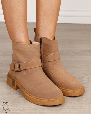Ghete damă din piele naturală întoarsă, cu baretă și cataramă CRL1887 KHAKI - Img 2