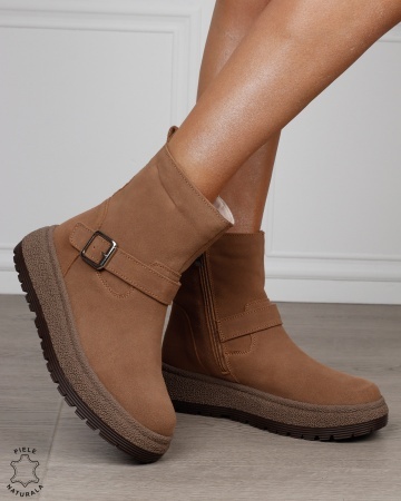 Ghete damă din piele naturală intoarsa cu talpă înaltă și cataramă CRL1890 KHAKI