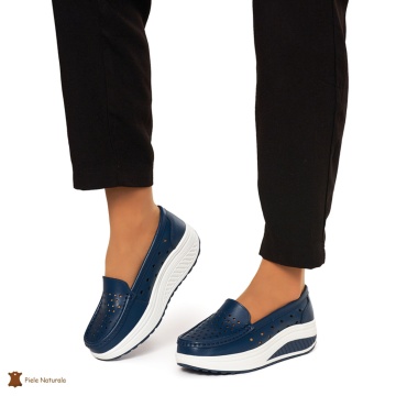 Mocasini Dama Piele Naturala perforati cu talpa groasa CRL0079 NAVY