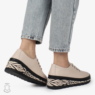 Pantofi Casual dama din Piele naturala CU DESIGN PE TALPA SIRET CRL1345 ROZ - Img 4