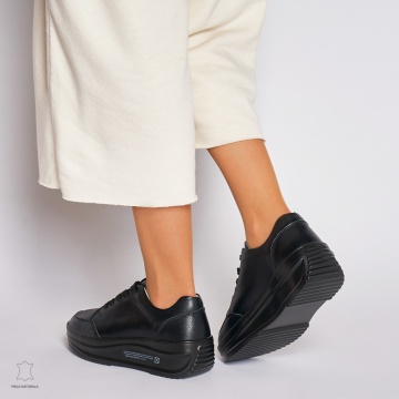Pantofi Casual dama din Piele naturala cu talpa groasa CRL0039 negru - Img 3