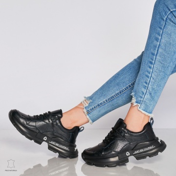 Pantofi Casual dama din Piele naturala cu talpa groasa CRL0046 Negru - Img 3