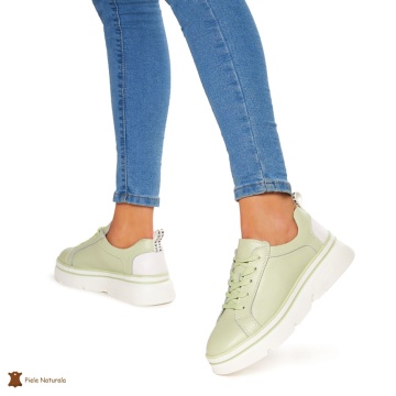 Pantofi Casual dama din Piele naturala cu talpa groasa CRL0054 VERDE - Img 3