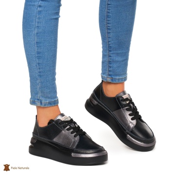 Pantofi Casual dama din Piele naturala cu talpa groasa CRL0056 NEGRU CU PEWTER - Img 2