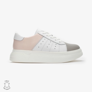 Pantofi Casual dama din Piele naturala cu talpa groasa Multicolor CRL0040ALB CU ROZ - Img 3