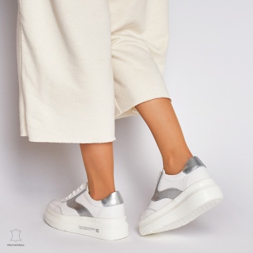 Pantofi Casual dama din Piele naturala cu talpa plata Multicolor CRL0041 Alb - Img 4