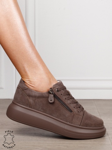 Pantofi Casual Damă din Piele Naturală intoarsa cu Fermoar Lateral CRL1801 TAUPE - Img 2
