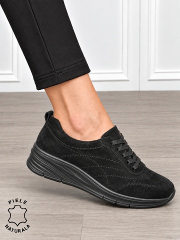 Pantofi casual damă din piele naturală Intoarsa cu stil clasic CRL1898 NEGRU - Img 2
