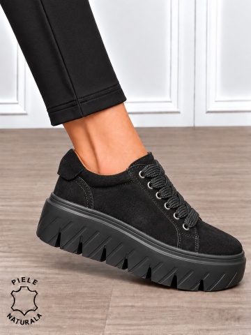 Pantofi casual damă din piele naturală Intoarsa cu talpă Speciala inalta CRL1913 NEGRU - Img 2