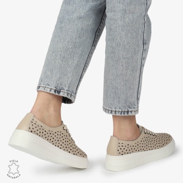Pantofi Casual dama din Piele naturala PERFORATI USORI CU SIRET CRL1341 BEJ - Img 2