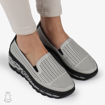 Pantofi Casual dama PERFORATI din Piele naturala CU DESIGN PE TALPA SLIP-ON CRL1337 GRI - Img 3