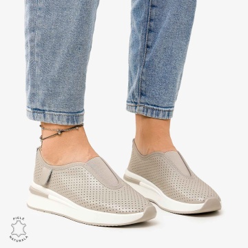 Pantofi Casual de dama din Piele Naturala PERFORATA CU ELASTIC CRL1200 GRI - Img 2