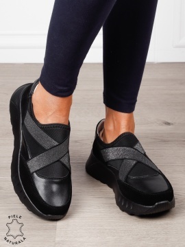 Pantofi dama din Piele Naturala slip-on cu elastic CRL1545 NEGRU - Img 2