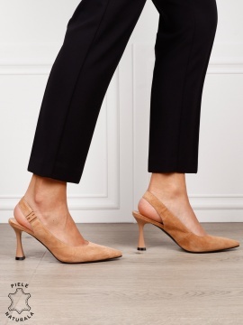 Pantofi dama eleganti cu toc special si varf ascutit din piele naturala intoarsa CRL1612 BEJ - Img 3