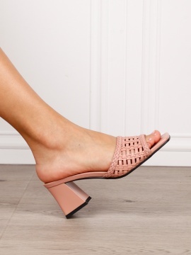 Pantofi dama eleganti din piele ecologica si brant din piele naturala cu toc gros si varf decupat CRL1618 ROZ - Img 2