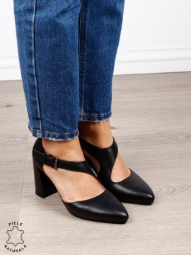 Pantofi dama eleganti din piele naturala cu bareta si toc gros CRL1634 Negru - Img 1