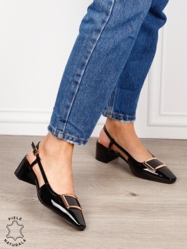 Pantofi dama eleganti din piele naturala cu toc gros mic CRL1615 Negru