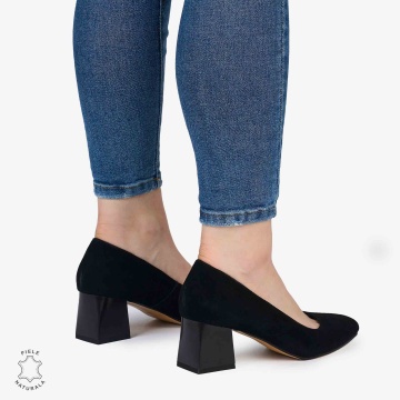 Pantofi Eleganți dama din Piele Naturala INTOARSA CU TOC MIC CRL0981 NEGRU - Img 3