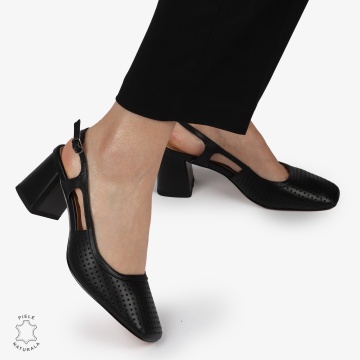 PANTOFI ELEGANTI DIN PIELE NATURALA CU TOC GROS CRL01385 NEGRU - Img 2