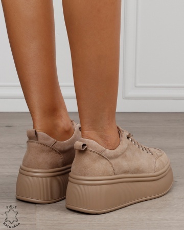 Pantofi sport damă din piele naturală Intoarsa cu șiret special CRL1880 KHAKI - Img 3