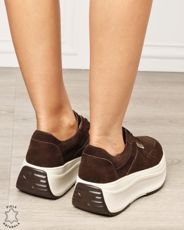 Pantofi sport damă din piele naturală întoarsă cu talpă înaltă CRL1862 CAFENIU - Img 3