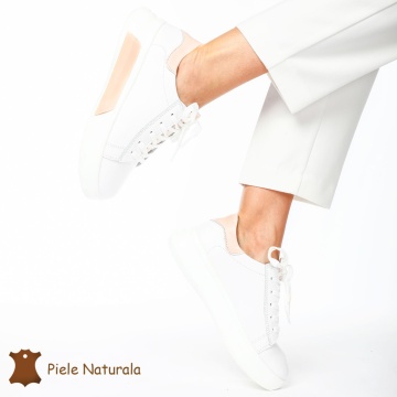 Pantofii casual piele naturala CRL1326 ALB CU ROZ - Img 3