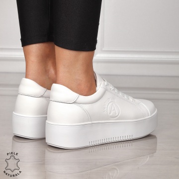 Pantofii casual piele naturala CU SIRET CRL1455 ALB - Img 3