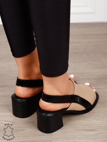 Sandale dama din Piele Naturala cu toc gros CRL1639 KHAKI - Img 3