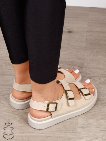 Sandale dama din Piele Naturala intoarsa cu talpa plata CRL1561 BEJ - Img 2