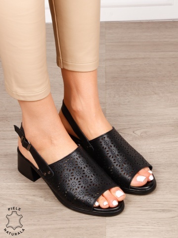 Sandale damă din piele naturală model elegant cu toc și design perforat CRL1660 NEGRU - Img 2