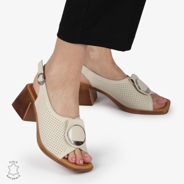 SANDALE dama din Piele Naturala PERFORATA CU TOC PATRAT SI CATARAMA CRL1370 BEJ - Img 2