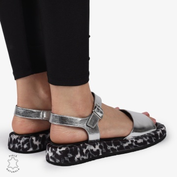 SANDALE DAMA PIELE NATURALA CU TALPA IMPRIMEU LEOPARD CRL1262 ARGINTIU - Img 3