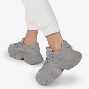 SNEAKERS din PIELE ECOLOGICA SI TEXTIL CU SIRETURI DUBLE SI TALPA INALTA CRL1287 GRI - Img 2
