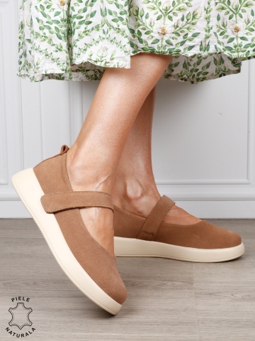 Balerini damă din piele naturală Intoarsa cu baretă reglabilă CRL1806 KHAKI - Img 2