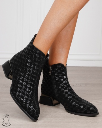 Botine damă din piele naturală întoarsă, cu model imprimat și detalii metalice CRL1884 NEGRU - Img 2