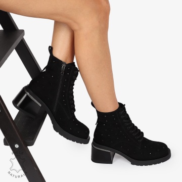 Botine Piele Naturala Intoarsa cu Stras si toc Gros CRL1245 NEGRU - Img 3