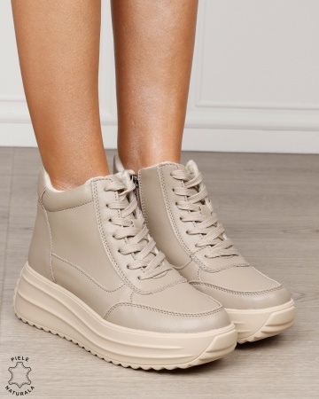 Ghete damă din piele naturală cu șiret și fermoar lateral CRL1891 KHAKI