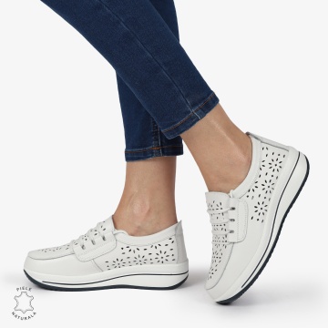 Mocasini dama din Piele Naturala Perforati CRL1364 ALB - Img 4