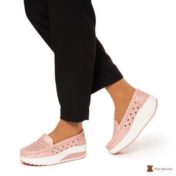 Mocasini Dama Piele Naturala perforati cu talpa groasa CRL0079 ROZ - Img 4