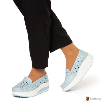 Mocasini Dama Piele Naturala perforati cu talpa groasa CRL0079 ALBASTRRU - Img 3