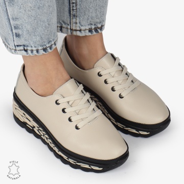 Pantofi Casual dama din Piele naturala CU DESIGN PE TALPA SIRET CRL1345 BEJ - Img 2