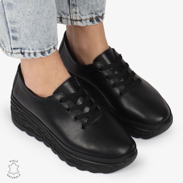 Pantofi Casual dama din Piele naturala CU DESIGN PE TALPA SIRET CRL1345 NEGRU - Img 2